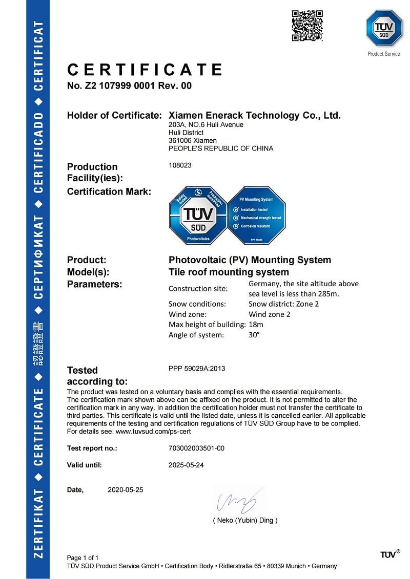 certificado de montaje solar enerack TUV