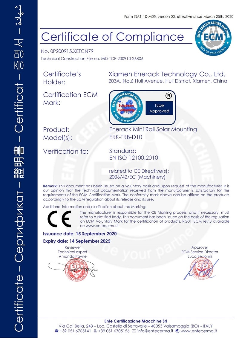 enerack mini carril montaje solar certificado CE
